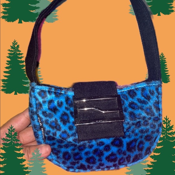Far Nine Fuzzy Blue Leopard Print 90s/Y2K/ 90s Style Mini Handbag - Picture 3 of 5